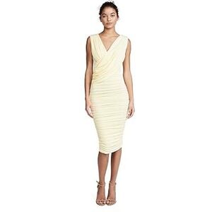 NWT MISHA Laney Slinky Dress Lemon Yellow Ruched Midi V-Neck Cocktail Dress Sz 2